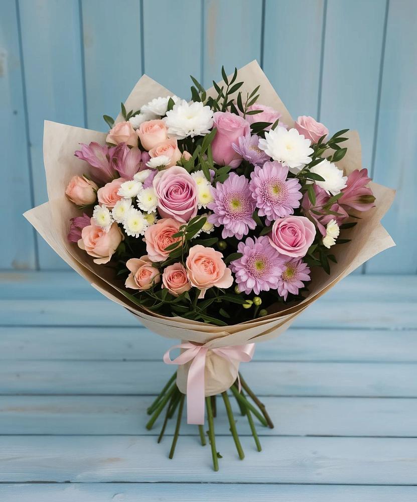 Букет цветов из: Хризантемы, Розы и Альстромерии в Канске