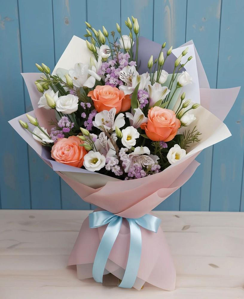 Букет цветов из: Лизиантусы, Розы, Альстромерии и Гипсофила в Канске