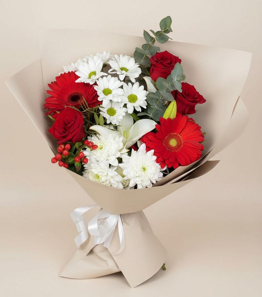 Букет цветов из: Розы, Хризантемы, Герберы и Лилии в Канске