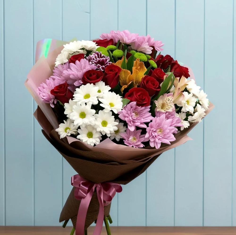 Букет цветов из: Розы, Хризантемы и Альстромерии в Канске