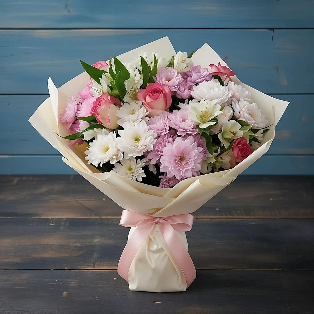 Букет цветов из: Хризантемы, Альстромерии и Розы в Канске